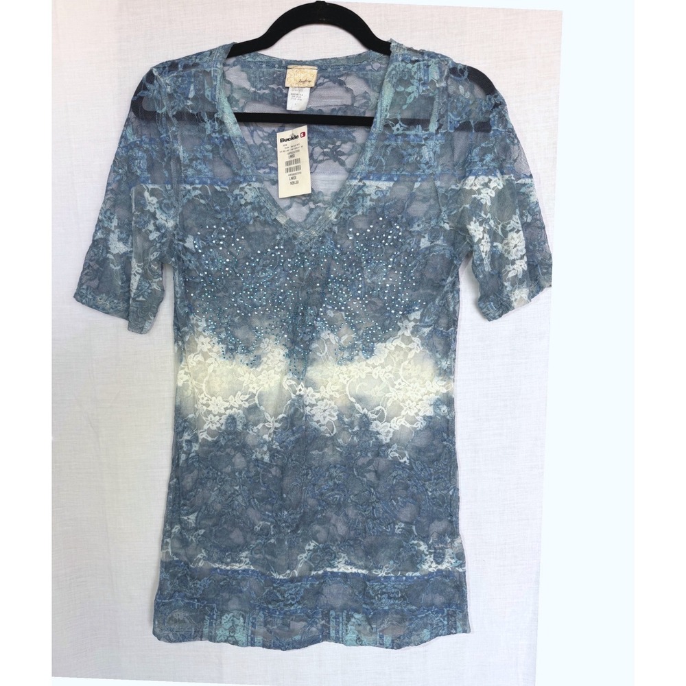 NWT Y2K Daytrip Lace Blue Fairycore Coquette Rhinestone Sheer Mesh V-Neck Large